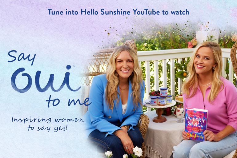 Graphic banner featuring author Eve Rodsky and Reese Witherspoon with the book, Find Your Unicorn Space and text that reads Tune into Hello Sunshine YouTube to watch Say oui to me Inspiring women to say yes!