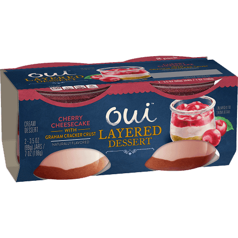 Oui by Yoplait Cherry Cheesecake with Graham Cracker Crust Layered Dessert 2-pack, front of product.