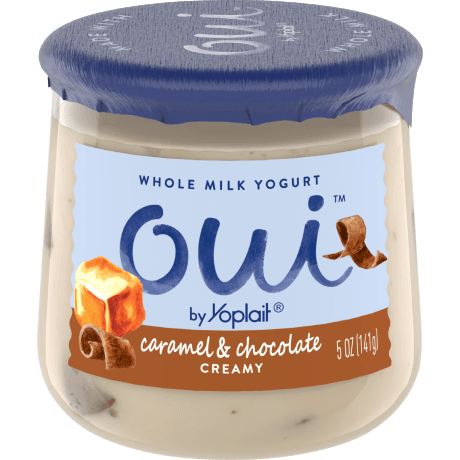 Oui by Yoplait Caramel & Chocolate Creamy Whole Milk Yogurt, 5 oz., front of product.
