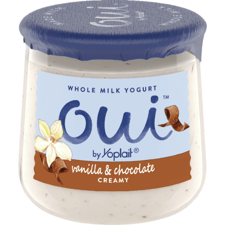 Oui by Yoplait Creamy Vanilla & Chocolate Whole Milk Yogurt, 5 oz., front of product.
