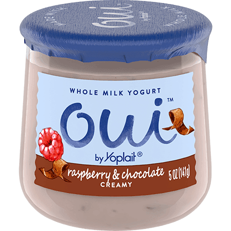 Oui by Yoplait Raspberry & Chocolate French Style Yogurt, 5 oz., front of product.
