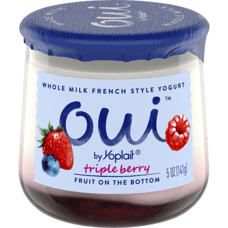 A 5oz jar of Oui by Yoplait Triple Berry yogurt.